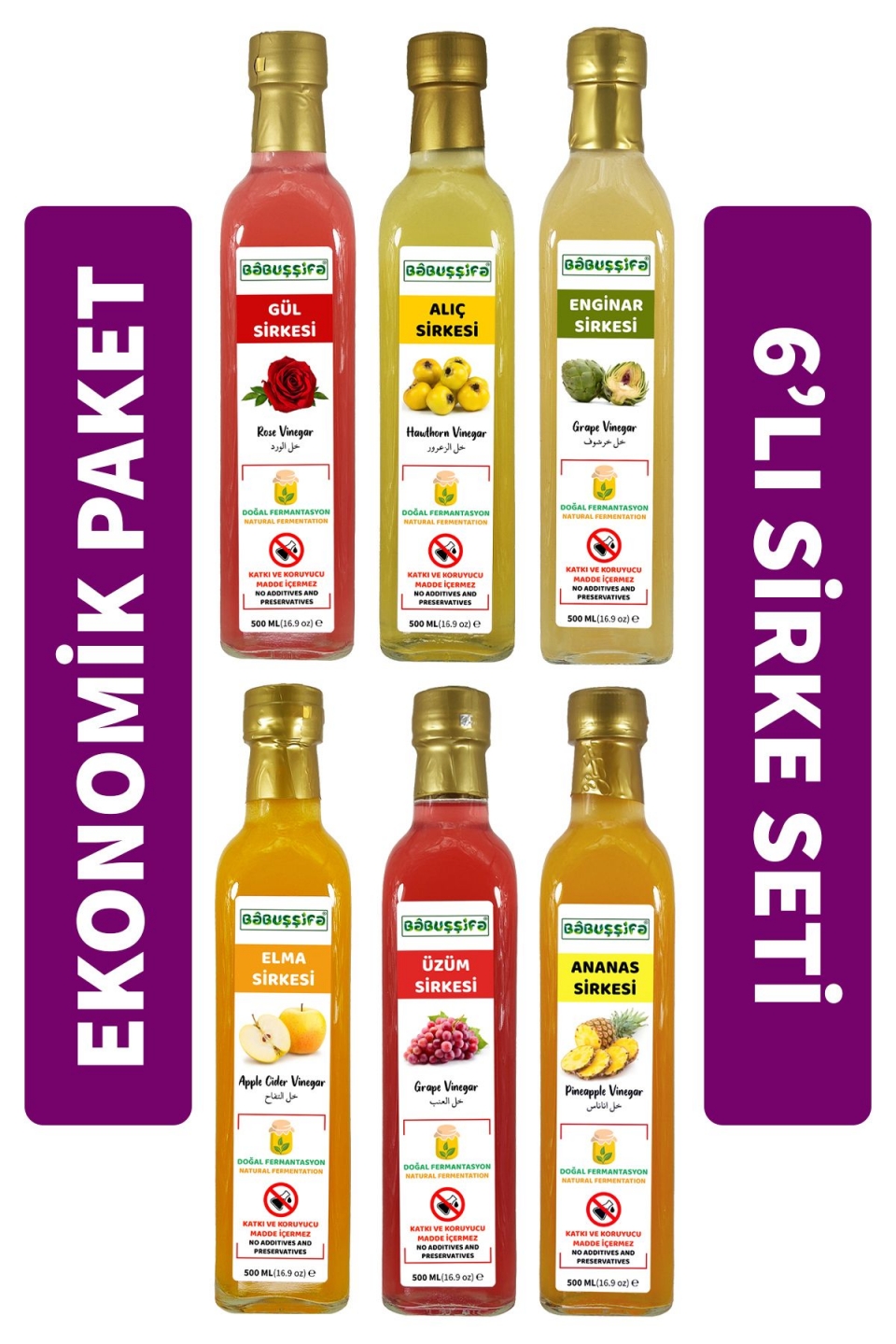 Doğal Fermantasyon Ananas+Gül+Alıç+Elma+Enginar+Üzüm Sirkeleri Köy El Yapımı İçilebilir 500ml