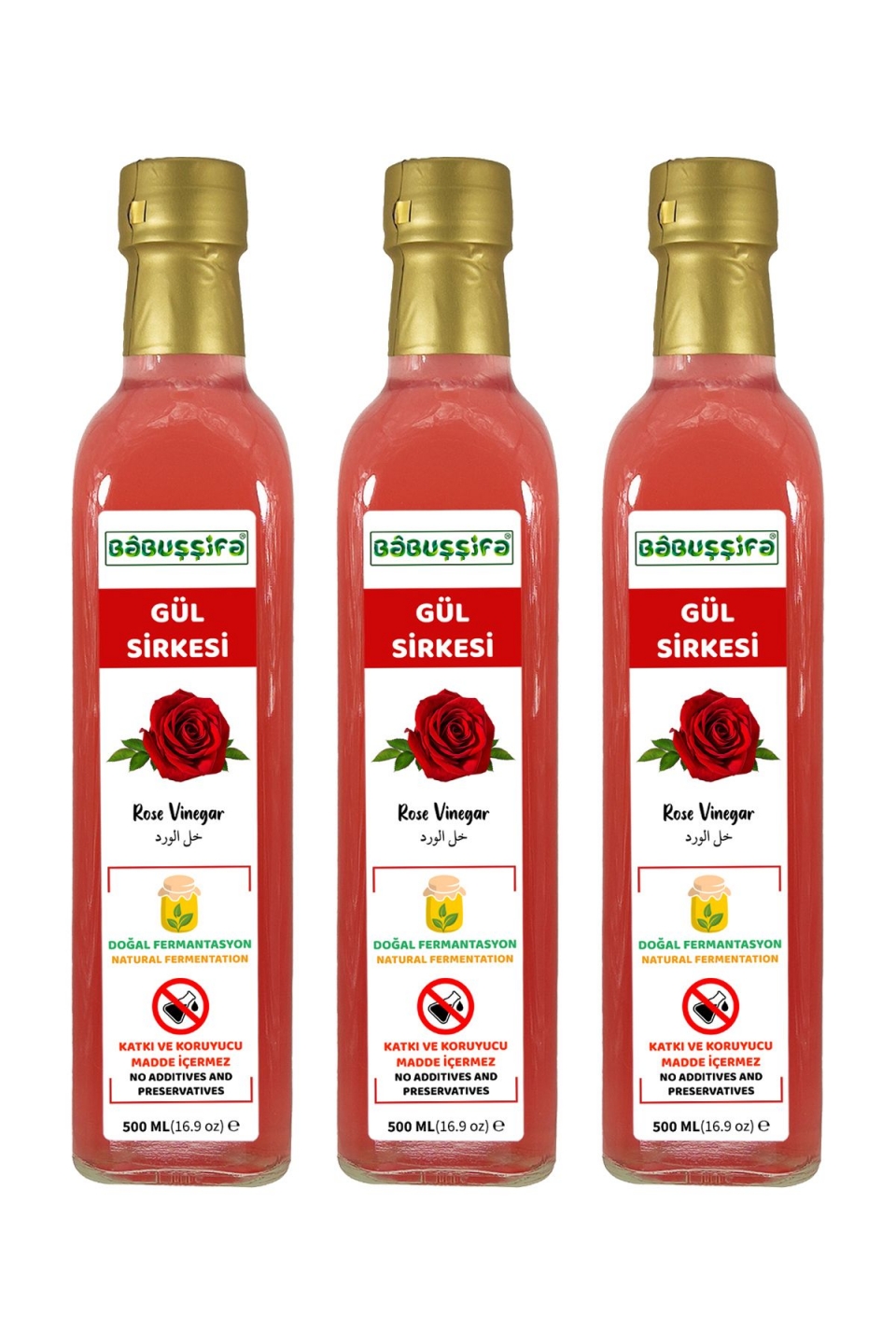 Doğal Fermantasyon Gül Sirkesi x 3 Adet - Köy El Yapımı İçilebilir 500ml