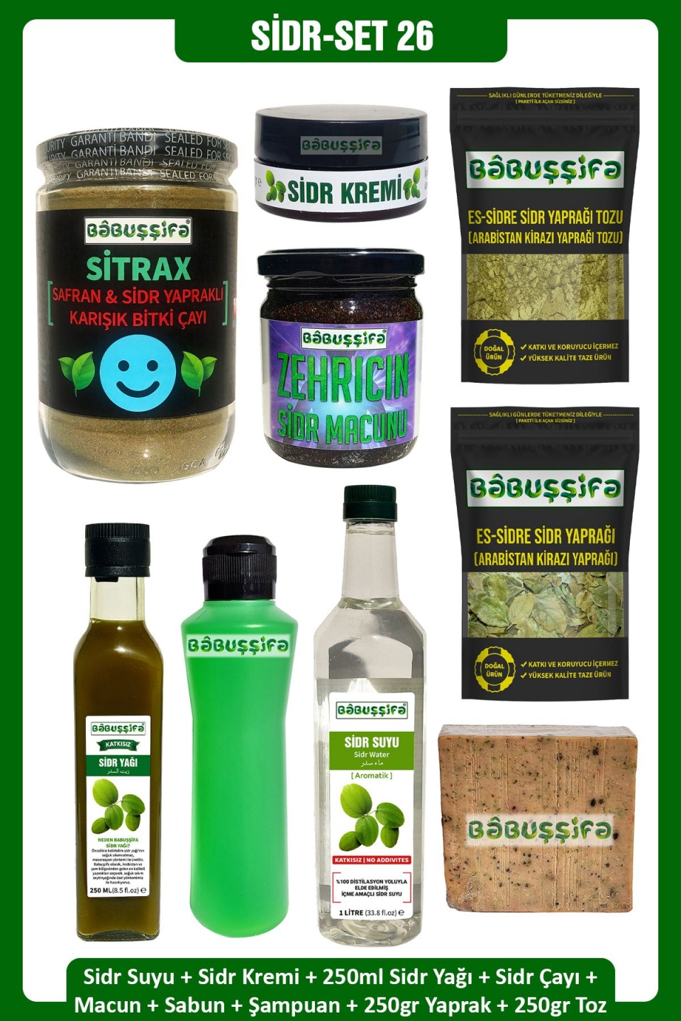 Sidr Seti-26 Sabun Şampuan Krem Sidr Çayı Macun Sidr Yağı 250ml Sidr Suyu 250gr Yaprak 250gr Toz