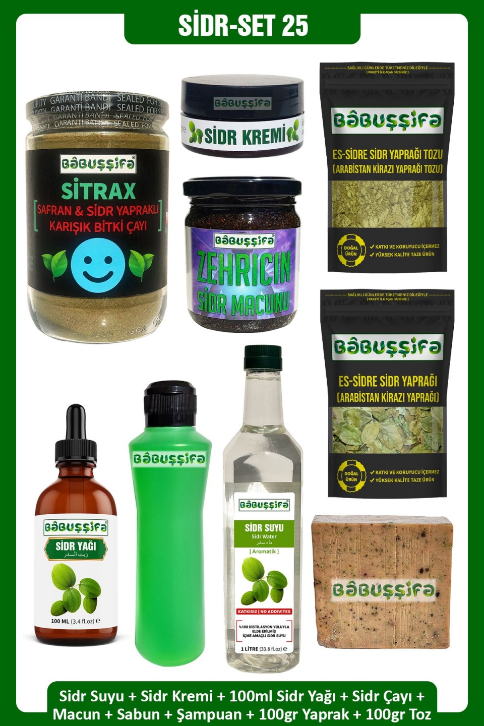 Sidr Seti-25 Sabun+Şampuan+Krem+Sidr Çayı+Macun+Sidr Yağı 100ml+Sidr Suyu+100gr Yaprak+100gr Toz
