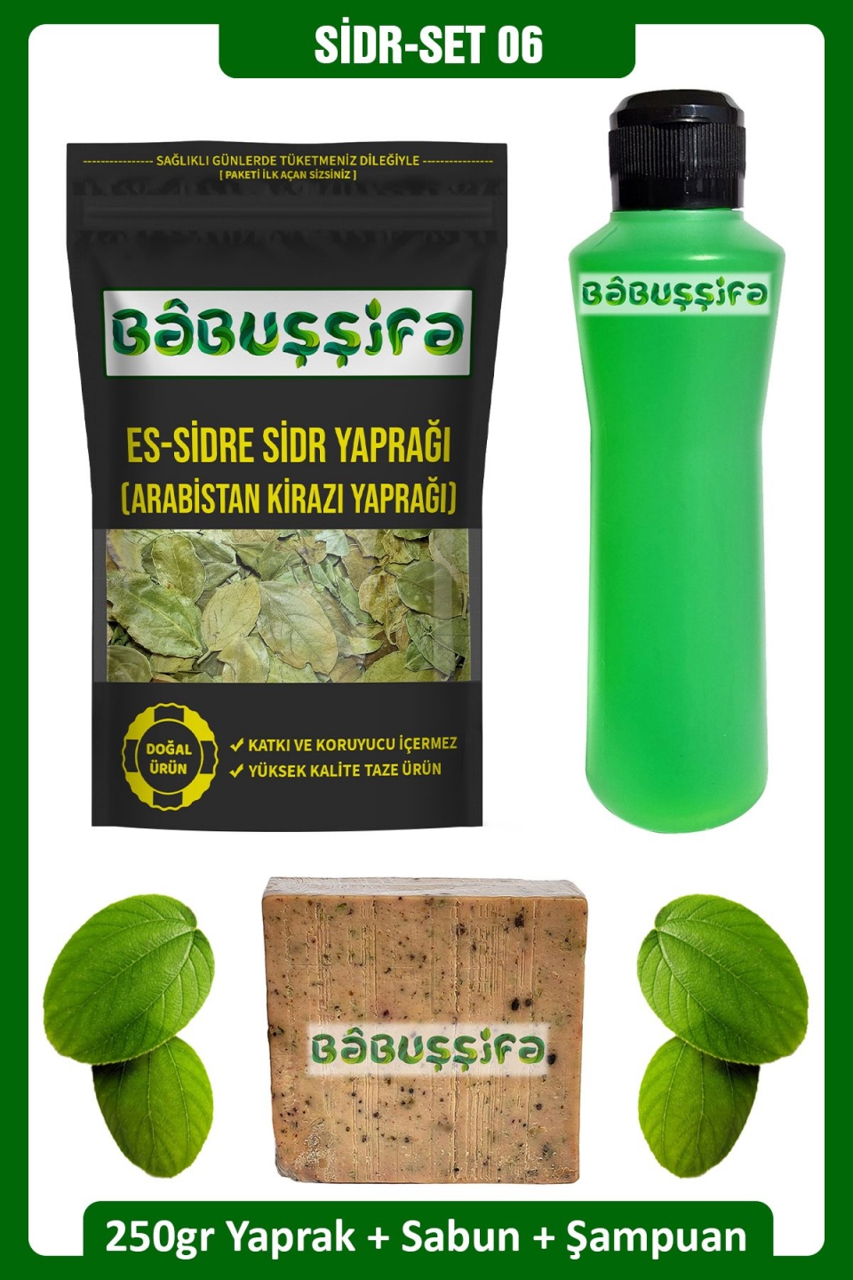 Sidr Seti-06 Sidr Sabunu + 250ml Sidr Şampuanı + 250gr Sidr Yaprağı Doğal Manevi Terapi Seti